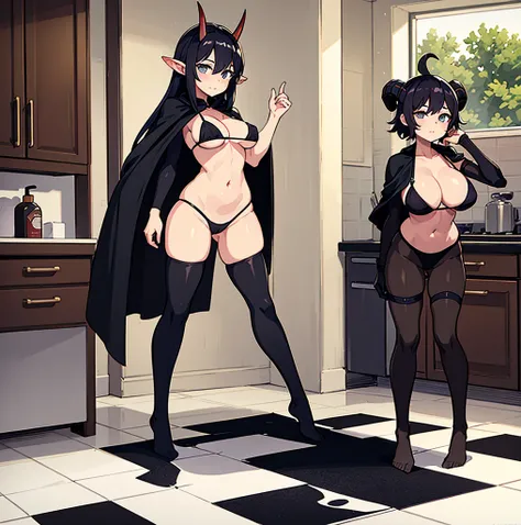 a woman in a bikini on the floor of her home with no clothes on, two women with black and white art in the background one woman has her hand up, bathing suit standing at the kitchen counter, a female character dressed in a robot suit with no panties, a gir...