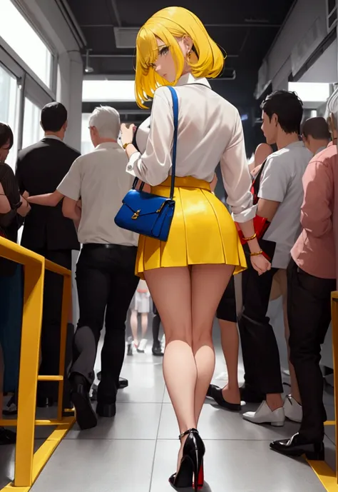 beautiful woman, Whole body,  walking backwards, Yellow hair, White shirt, blue bag, red mini skirt, black heels, in a party, looking at the viewer.