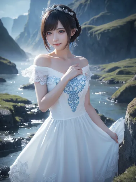 beautiful detailed eyes, droppy eyes,beautiful detailed lips, extremely detailed eyes and face, long eyelashes, 1japanese girl, fantasy character, (Final Fantasy, yuuna),smile,short hair,elegant white dress,break, blue long skirt,break,magical girl, highly...