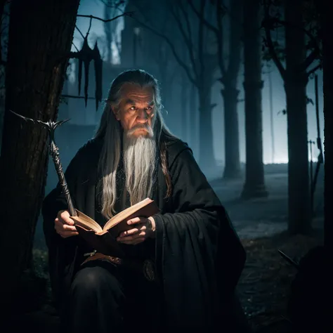 Spawn a shadow Gandalf with black flame eyes holding a book of darkness