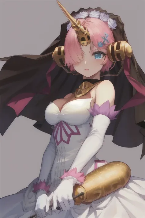 frankenstein_fgo, horns, single_horn, mechanical_horns, pink_hair, short_hair, blue_eyes, veil, breasts, white gloves, long skirt, yellow_eyes, heterochromia, hair_over_one_eye, hair_ornament