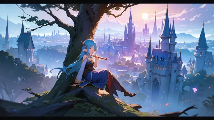 (((From diagonally left behind))), solo, Anime Elf girl playing flute while sitting gracefully on a tree branch ,magical atmosphere, panoramic fantasy night landscape,  town in the forest can be seen, with charming houses, winding streets illuminated by mo...