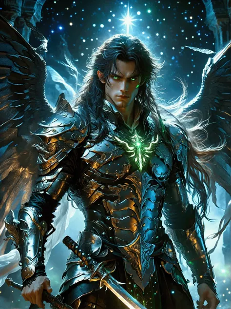 A character with glowing green eyes, demonic wings, and dual-wield swords stands under a starry moonlit night. He has long flowing hair and a muscular physique. He is adorned in uniquely designed armor with sharp, curved designs and ornate with mystic symb...