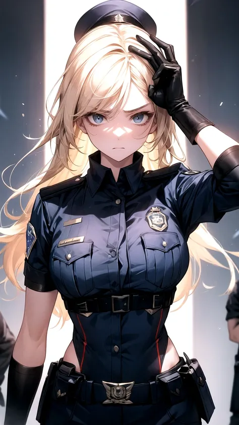 long gloves up to the elbow、Female police officer、Overbearing、Glare、look down、Blonde