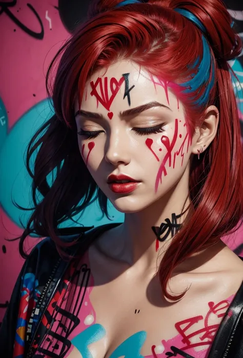 type woman face (((Graffiti))) paint dripping down his face, closed eyes thick and split lips very bright red, hair in very bright paints on a pop comic art background.very perfect high resolution image.