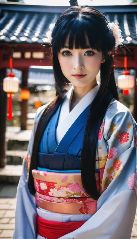 japanese miko clothing black hair hime cut blue eyes at japanese temple shrine 