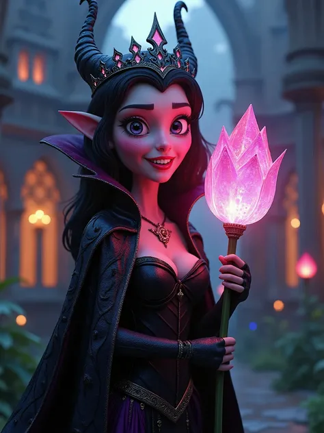 3D Pixar style, close-up of beautiful vampire Queen holding giant crystal tulip shimmering with numerous hues, fangs, sharp ornate cape, wearing magic amulet shaped as bat, royal garden of Gothic palace at twilight, exquisite architecture.