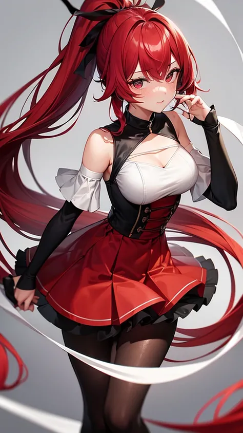 (Highest quality,High resolution,Very detailed,girl)black tights,Red hair,ponytail,Height: 150cm,cute,black eye,Im wearing a red skirt,It has a lot of exposure,Her eyes are white and shining,Has bright white eyes,Has an embarrassed look,