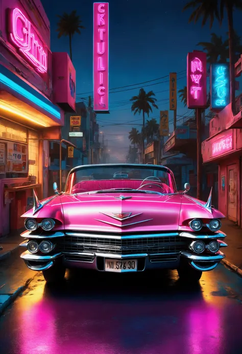 whole image, diagonal photo of a 1959 Cadillac Eldorado Biarritz convertible in shiny polished metal bright pink color, Long Tail, the painting reflects everything around it, cyberpunk style, surrounded by colorful neon light, roda grossa, golden wheel, De...