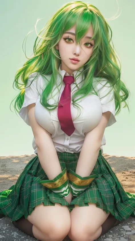 Arabian woman with green hair and red tie sitting on the ground, hyperRealistic school girl, a hyperRealistic school girl, Anime Girl Cosplay, Realistic school girl, Beautiful anime school girl, rei hiroe, Realistic young anime girl, Beautiful and attracti...