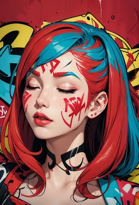 type woman face (((Graffiti))) paint dripping down his face, closed eyes thick and split lips very bright red, hair in very bright paints on a pop comic art background.very perfect high resolution image.