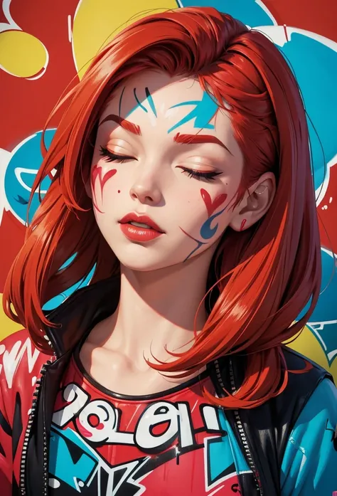 type woman face (((Graffiti))) paint dripping down his face, closed eyes thick and split lips very bright red, hair in very bright paints on a pop comic art background.very perfect high resolution image.