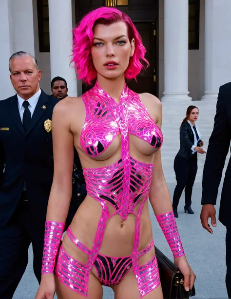 milla jovovich, 20 years old, neon pink hair, metallic tape business outfit, entering courthouse, holding briefcase, cinematic lighting, detailed facial features, beautiful eyes and lips, hyper realistic, photorealistic, 8k, masterpiece, vivid colors, dram...