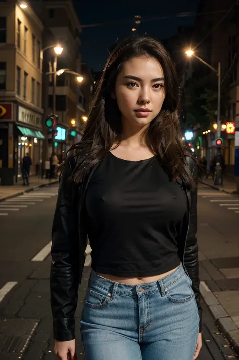 Jessica Henwick with long brown hair wearing a black leather jacket, a white t-shirt, and blue jeans, standing in a city street, (best quality,4k,8k,highres,masterpiece:1.2),ultra-detailed,(realistic,photorealistic,photo-realistic:1.37),beautiful detailed ...