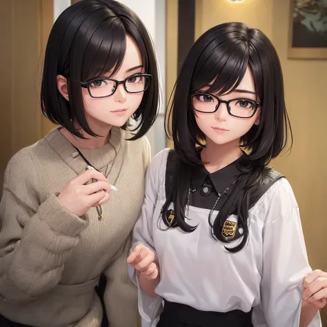 ((best quality)), ((masterpiece)), (detailed), perfect face. Short hair. Anime girl. Asian girl. Black eyes. Glasses. Her hair is long with yellow and black highlights，wear glasses，black and yellow hair