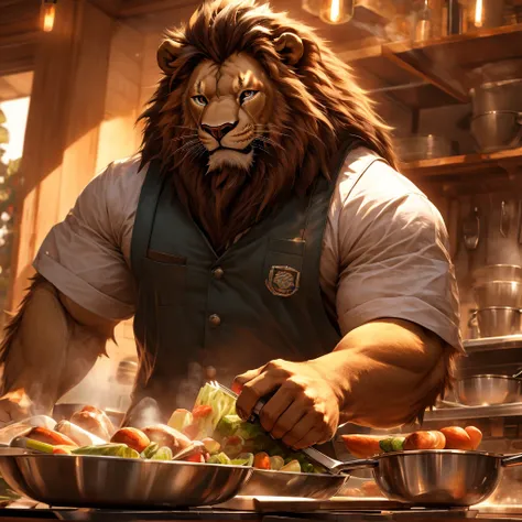 a muscular, serious-looking chef in a kitchen, wearing a chefs uniform, chopping vegetables with intense focus, (best quality,4K,8k,highres,masterpiece:1.2),ultra-detailed,(realistic,photorealistic,photo-realistic:1.37),professional chef, detailed chefs un...