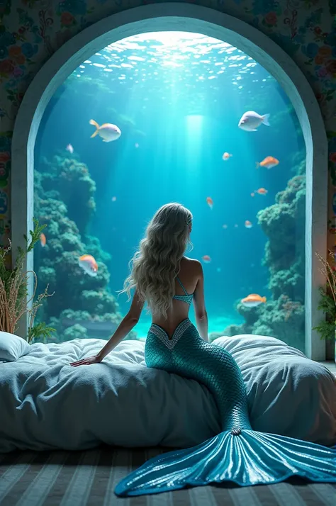 ((Photorealistic Little Mermaid,Photograph your face from up close,Mermaid tail,beautiful scaled tail,Sitting in a fantastic and special bed,Mermaid sitting on bed,Looking at the camera,Big smile,Shot from up close,Also photographed tail)),(((((The wall of...