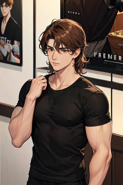 camera from torso to head, brown and wavy hair, strong man with black t-shirt