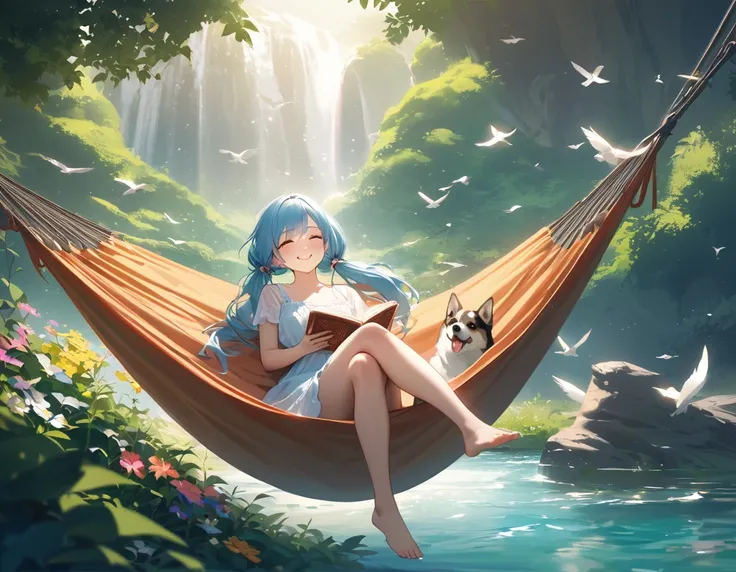 Girl lying down with her dog in a comfortable hammock in a colorful garden,Light blue long hair、Beautiful girl with twin tails、Adorable smile、Looking at the camera、Relaxing in a hammock from the top of a mountain looking out over the valley below、,A soft b...