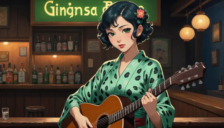 Robert Johnson, granular, Alabama Bar, green, Charisma , Leopard Skin Dress, shape, Black Fantasy, woman, sad ending, : A beautiful Japanese woman in a kimono playing bluesy guitar in a dingy blues bar in the American South in the 1930s.　American Bar green...