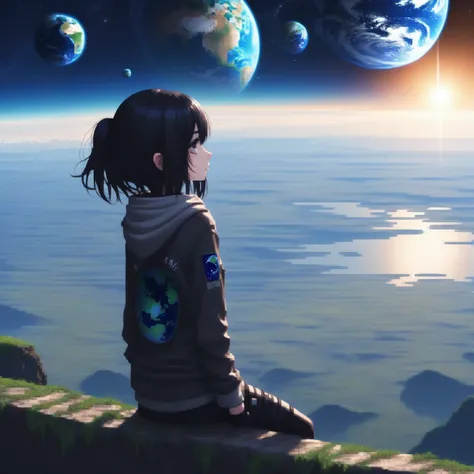 ma emo girl looking at the horizon, on a plain and in the background is planet earth