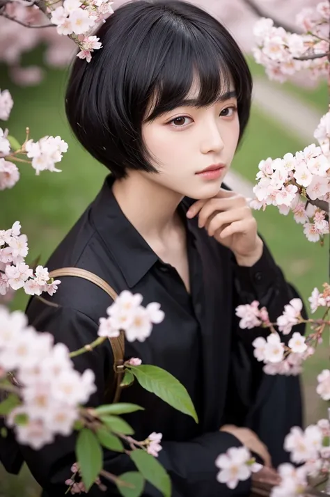 good looking　male　Black Hair　Mushroom cut　cherry blossoms