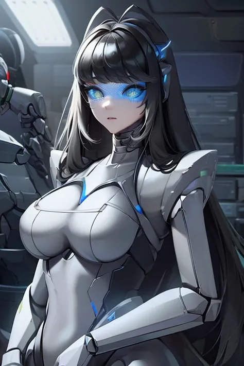 empty eyes,robotized woman ,big bust,Robot Joint ,Metal skin,Black Suit,long hair,a suit that covers the whole body,mechanization,robot, antenna