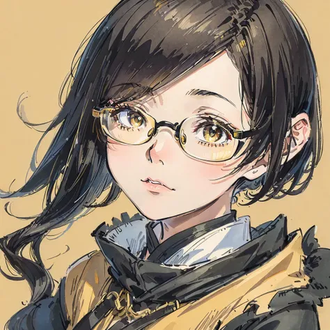 ((best quality)), ((masterpiece)), (detailed), perfect face. Short hair. 1 girl. Asian girl. Black eyes. Glasses. Her hair is long with yellow and black highlights，wear glasses，black and yellow hair