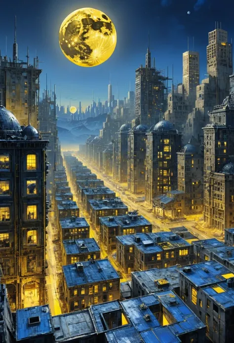 One face full canvas made and built by a crazy dream on wastelands, high tech ornaments composing a city, cityscape full of buildings on sunset, moon also visible, dark deep grey and black blue and golden yellow, 4D, 8K, photorealistic, dreamlike, big and ...