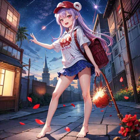 Red, blue and light purple hair、Red eyes、Braid、One cute girl、solo、And soul、Light clothing、Checked mini skirt、petal、black t-shirts、hoodie、bear ears baseball cap、large tree、Thundercloud、Burning Full Moon、desert、barefoot、Stones are piled up、Teeth are visible、...