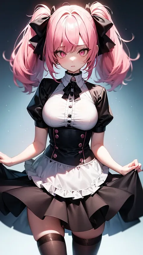 (Highest quality,High resolution,Very detailed,girl)black tights,Pink Hair,Twin tails and short hair,Height: 160cm,cute,Big Breasts,Pink Eyes,Wearing a black uniform,Her eyes are white and shining,Has bright white eyes,Her eyes are hearts,The chest is expo...