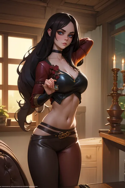 Character design of detailed beautiful flirty Satyr rogue dancing in a fantasy tavern, long billowing dark hair, wearing tight leathers, large detailed vibrant anime eyes, played by Thea Sofie Loch Naess, award winning photography, beautiful lighting, octa...