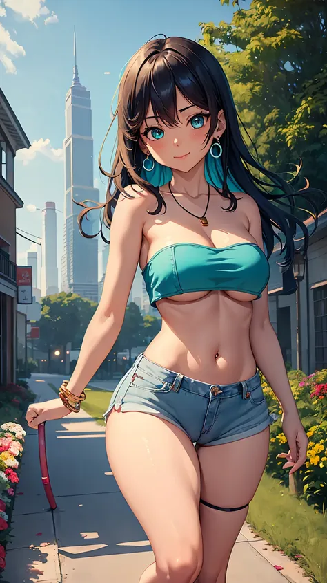 1girl, anime girl, anime, (dark skin), bracelet, necklace, earrings, 2d girl, 18y, (fullbody), anime girl, seductive smile, (turquoise hair), flowing hair, hair flowing in the wind, ((mini,tube top,strapless)), ((underboob view)), (((hands on our breasts))...