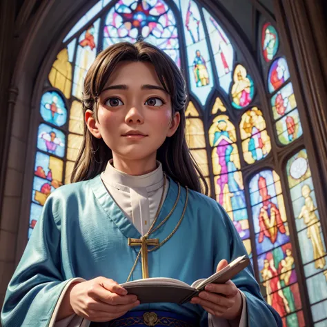 Vivid depiction、３DCG、Draw wrinkles in detail、Fantasy、live-action、Close-up of face、A priest in gorgeous robes、The background is inside a shining church