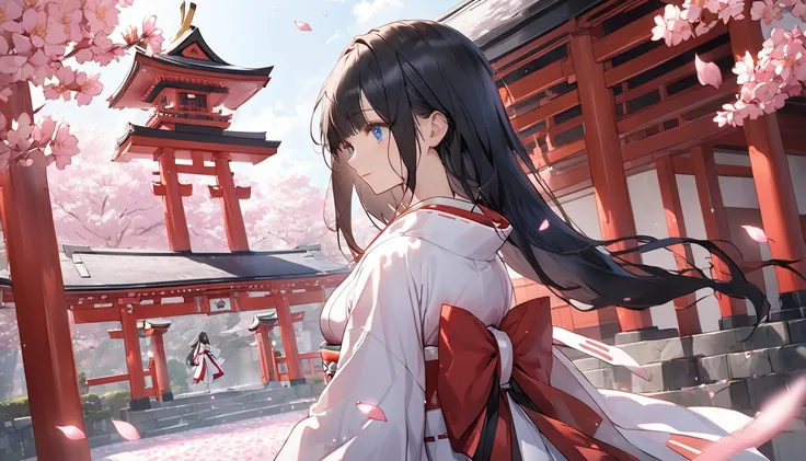 japanese miko clothing, black long hair hime cut, blue detail eyes at japanese temple shrine, high quality, pink sakura petals falling delicate, no shadows, no wind 