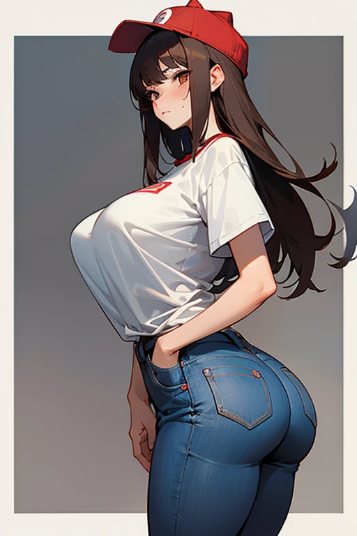 masterpiece,beauty, Girl in a jacket, T-shirt and jeans, Red Hat, big breasts, big ass, Fuko Izumi, Beautiful face , anatomical body shape, Confused face