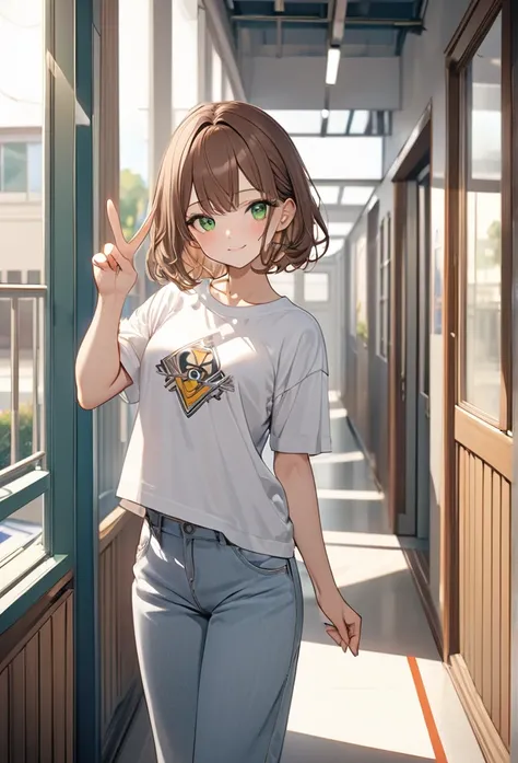 Brown-haired girl、wearing cropped white shirt、wearing gray baggy jeans、green eyes、Calm Afternoon - Very detailed、masterpiece, Highest quality, Bright - With a bright school hallway in the background、Relaxed facial expression、one hand making a peace sign、(D...