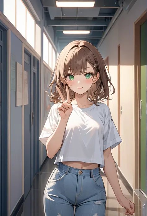 Brown-haired girl、wearing cropped white shirt、wearing gray baggy jeans、green eyes、Calm Afternoon - Very detailed、masterpiece, Highest quality, Bright - With a bright school hallway in the background、Relaxed facial expression、one hand making a peace sign、(D...