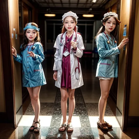 SFW,  ExtremelyDetailed (((Medical Kids group in Kidzania:1.4))), perfect face, Reflective Eyes, Detailed(Delicate Clothing textures), Corrected Leg to Foot Line, ((Specular Reflection:1.28)), TopQuality 8K Ultra-detailed masterpiece (ProfessionalPhoto:1.3...