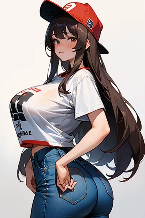 masterpiece,beauty, Girl in a jacket, T-shirt and jeans, Red Hat, big breasts, big ass, Fuko Izumi, Beautiful face , anatomical body shape, Confused face, very big tits