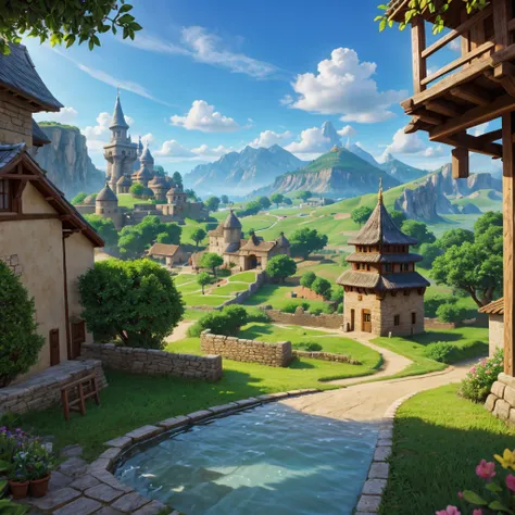 Vivid depiction、３DCG、Fantasy、live-action、Zelda、Cocorico Village、Medieval rural village landscape、