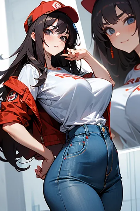 masterpiece,beauty, Girl in a jacket, T-shirt and jeans, Red Hat, big breasts, big ass, Fuko Izumi, Beautiful face , anatomical body shape, Confused face, very big tits under a jacket