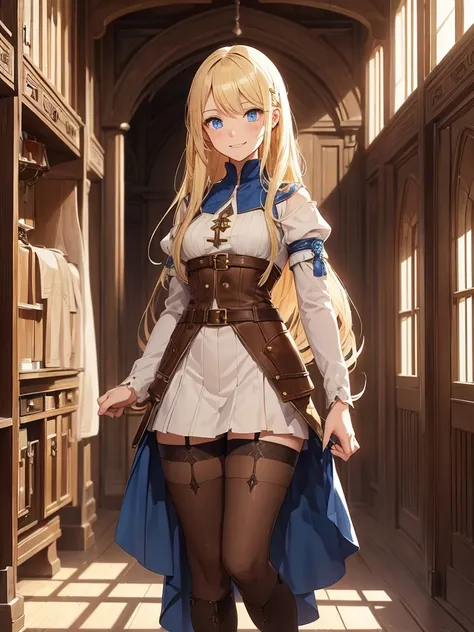 a man walked into the guild building and a girl came to greet him.

(a girl, medieval character,
Guild Officer, she has long blond hair, Layered Haircut, Blue eyes, She wore a Simple Brown official outfit, she has a friendly smile. ((Brown stockings)), sim...