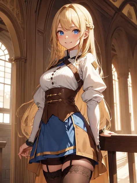 a man walked into the guild building and a girl came to greet him.

(a girl, medieval character,
Guild Officer, she has long blond hair, Layered Haircut, Blue eyes, She wore a Simple Brown official outfit, she has a friendly smile. ((Brown stockings)), sim...