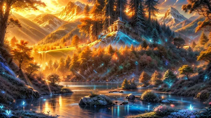 beautiful deep clear glowing blue lake with island in a steep valley with huge dramatic mountain range towering in the distance, rocks plants weeds flowers shrubs trees moss lawns grass redwoods,sunrise storm and strong sunbeams, extreme details,photoreali...