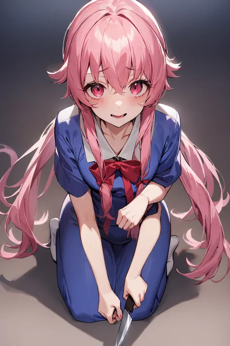 gasai_yuno,yandere,holding_knife,Standing on the ground,frontal,front view,Positive por,masterpiece,best quality,very aesthetic,absurdres