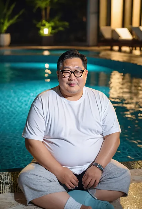 Man, Asian, 50 years old, Fat, Chubby, wearing glasses, wearing thin white round neck t-shirt, Sitting, pool, luxury hotel, Wet, Raining, Top view, night time, beautiful light.