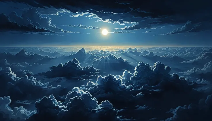 A gradient sky from dark blue to light blue, (The sun shines), (Below are dark, ominous clouds), (Realistic), (Digital Painting), (High resolution), (Very detailed), (masterpiece quality),