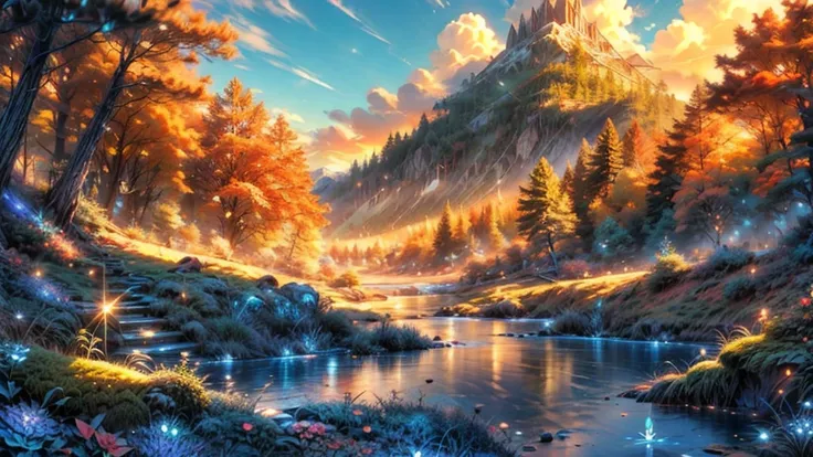 beautiful deep clear glowing blue lake with island in a steep valley with huge dramatic mountain range towering in the distance, rocks plants weeds flowers shrubs trees moss lawns grass redwoods,sunrise storm and strong sunbeams, extreme details,photoreali...