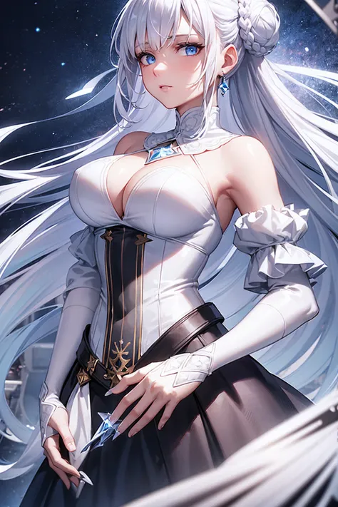 Woman1,round face,blue eyes,white hair,double bun hairstyle,Legendary Hero, Legendary Witch, Crystal Decorative White Mini Dress, Top Sleeved Dress, Big White Crystal Hold Her Hand,Very details CG, module, 8K wallpapers, top quality, high precision, beauti...